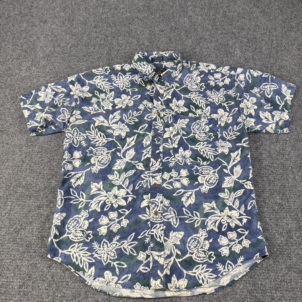 Chaps Ralph Lauren Shirt Mens Large Blue Green Floral Hawaiian Cotton Button Up